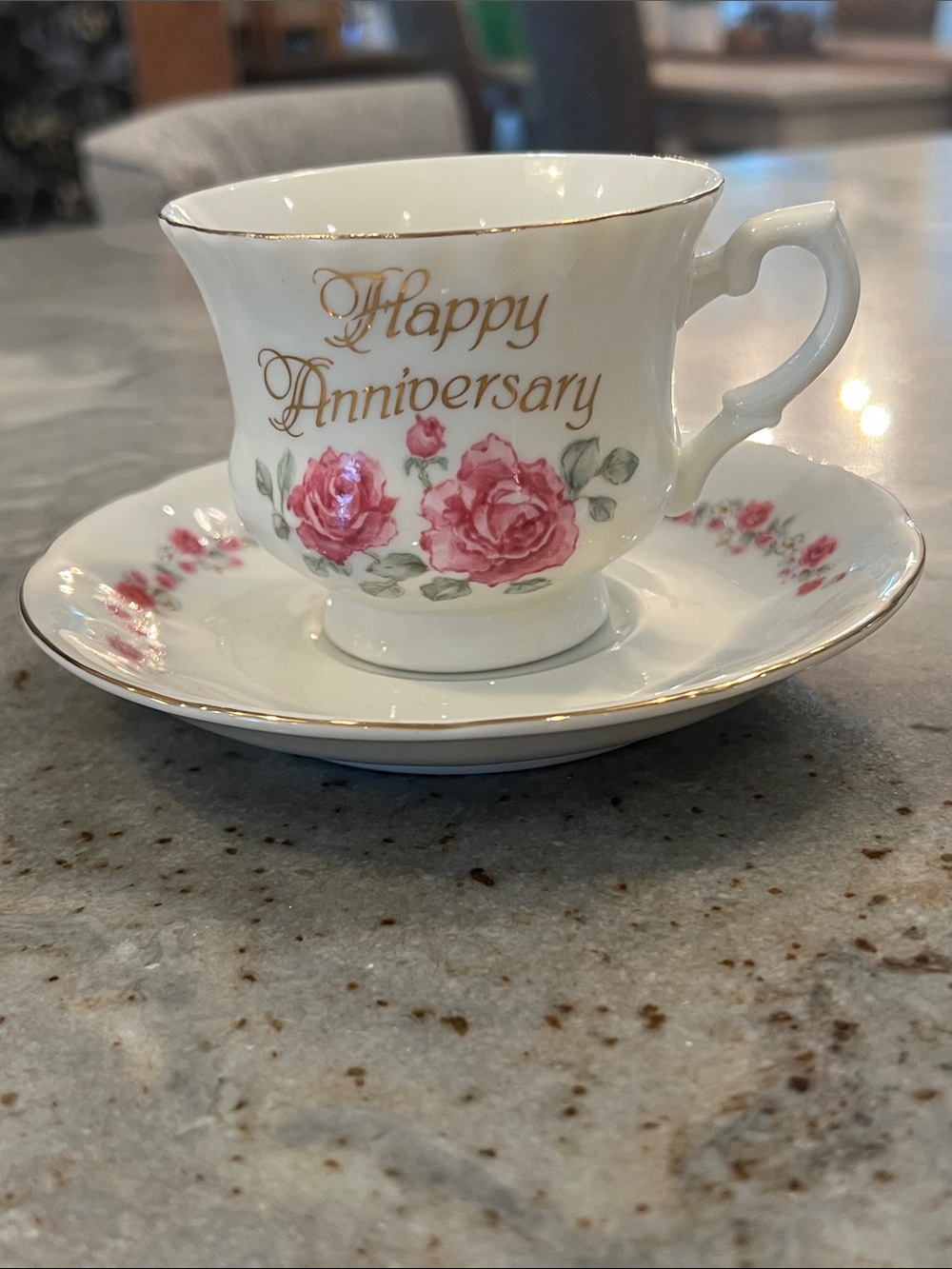 Vintage Porcelain Teacup & Saucer Set - Pink Rose "Happy Anniversary" Gold Trim